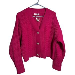 Mango MNG Hot Pink Cable Cardigan with embellished rhinestone buttons Size M